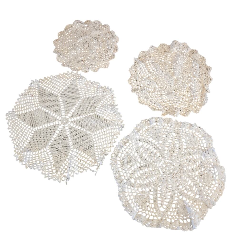 Hand Crochet Lace Doilies 8-13” Round Cotton Table Mats Linens Set of 4 Vintage